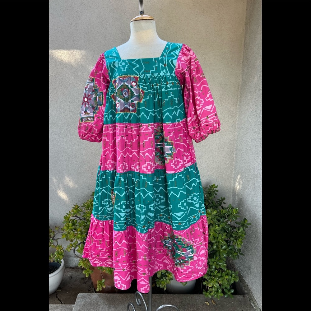 Vintage funky southwestern print 4 tier dress hand painted medium